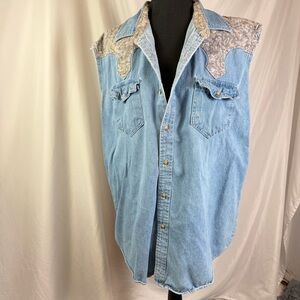 Vintage Express Rider Denim Western Shirt Sleeveless Paisley Yoke Men’s L